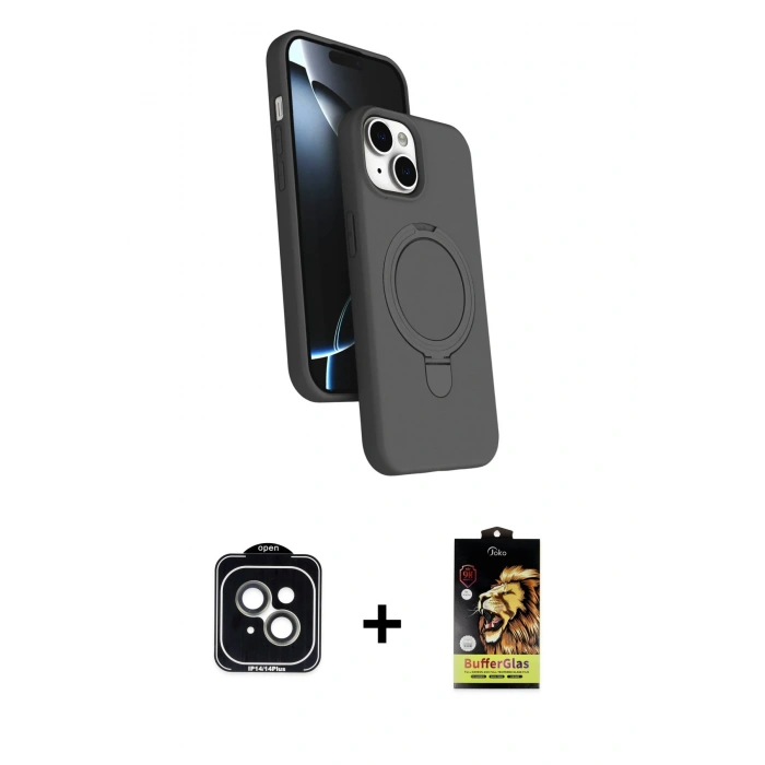 MARSİLYAN™- iPhone 14 Kılıf İz Işık Koleksiyonu - Siyah Buffer Cam Ekran Koruyucu + PVD Metal Kamera Lens - YL