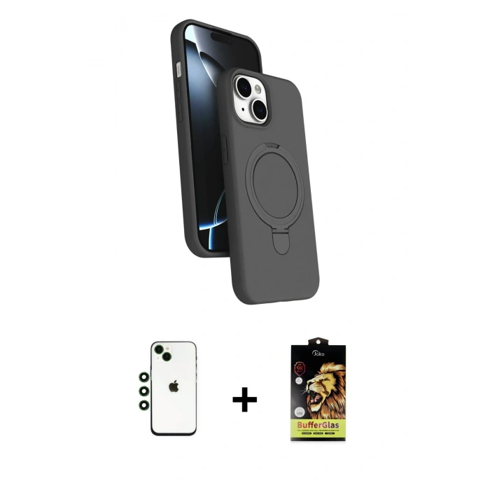 MARSİLYAN™- iPhone 14 Kılıf İz Işık Koleksiyonu - Siyah Buffer Cam Ekran Koruyucu + Shine Kamera Lens - YL