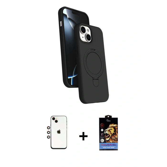 MARSİLYAN™- iPhone 14 Kılıf İz Işık Koleksiyonu - Siyah Buffer Hayalet Cam Ekran Koruyucu + Shine Kamera Lens - GI