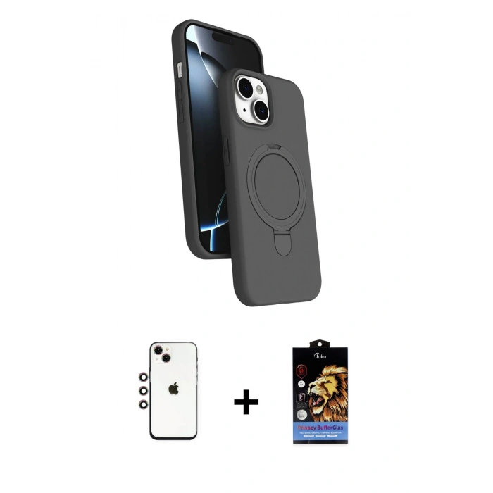 MARSİLYAN™- iPhone 14 Kılıf İz Işık Koleksiyonu - Siyah Buffer Hayalet Cam Ekran Koruyucu + Shine Kamera Lens - GI