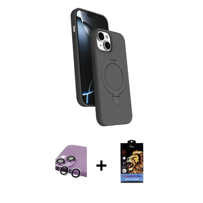 MARSİLYAN™- iPhone 14 Kılıf İz Işık Koleksiyonu - Siyah Buffer Hayalet Cam Ekran Koruyucu + Raze Metal Kamera Lens - GS