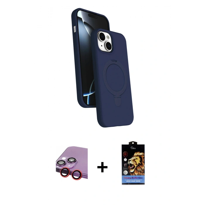 MARSİLYAN™- iPhone 14 Kılıf İz Işık Koleksiyonu - Siyah Buffer Hayalet Cam Ekran Koruyucu + Kırmızı Raze Metal Kamera Lens