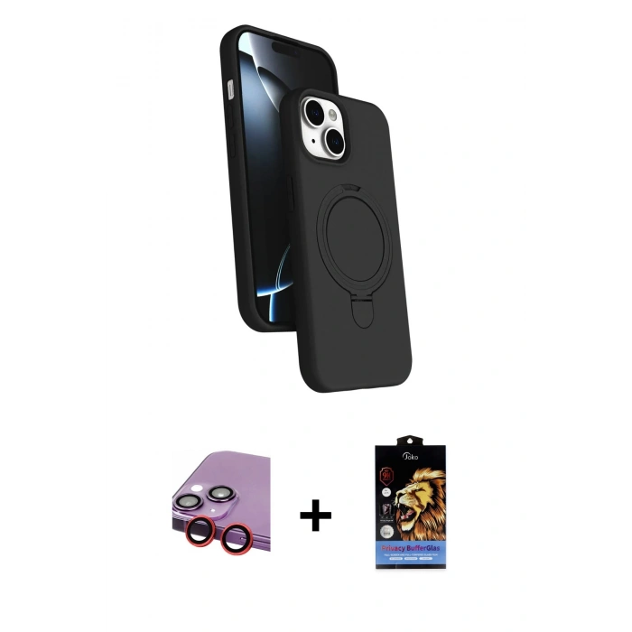 MARSİLYAN™- iPhone 14 Kılıf İz Işık Koleksiyonu - Siyah Buffer Hayalet Cam Ekran Koruyucu + Kırmızı Raze Metal Kamera Lens
