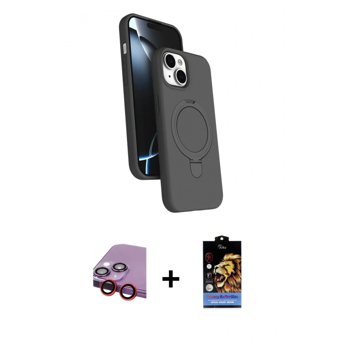 MARSİLYAN™- iPhone 14 Kılıf İz Işık Koleksiyonu - Siyah Buffer Hayalet Cam Ekran Koruyucu + Kırmızı Raze Metal Kamera Lens
