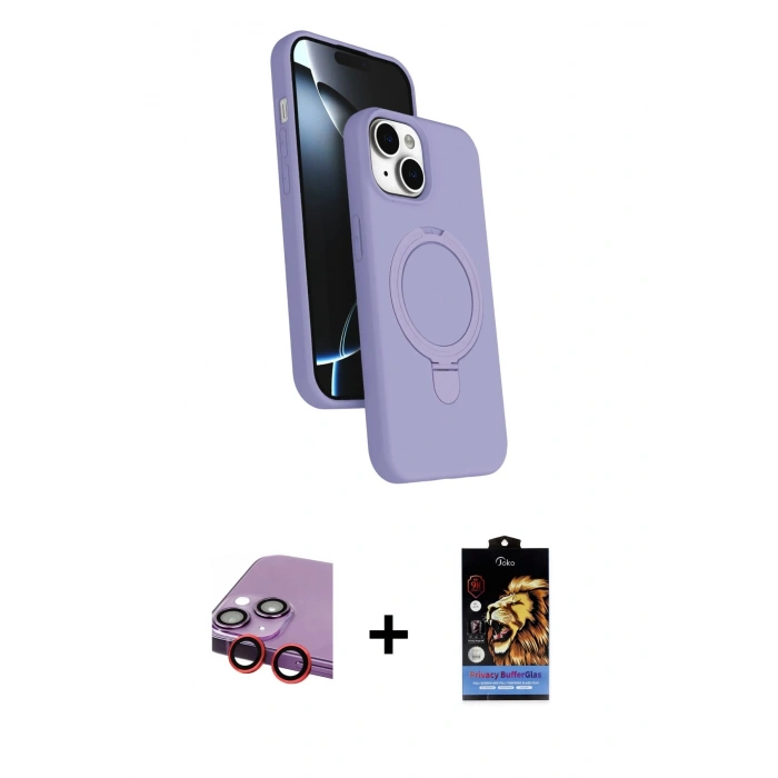 MARSİLYAN™- iPhone 14 Kılıf İz Işık Koleksiyonu - Siyah Buffer Hayalet Cam Ekran Koruyucu + Kırmızı Raze Metal Kamera Lens