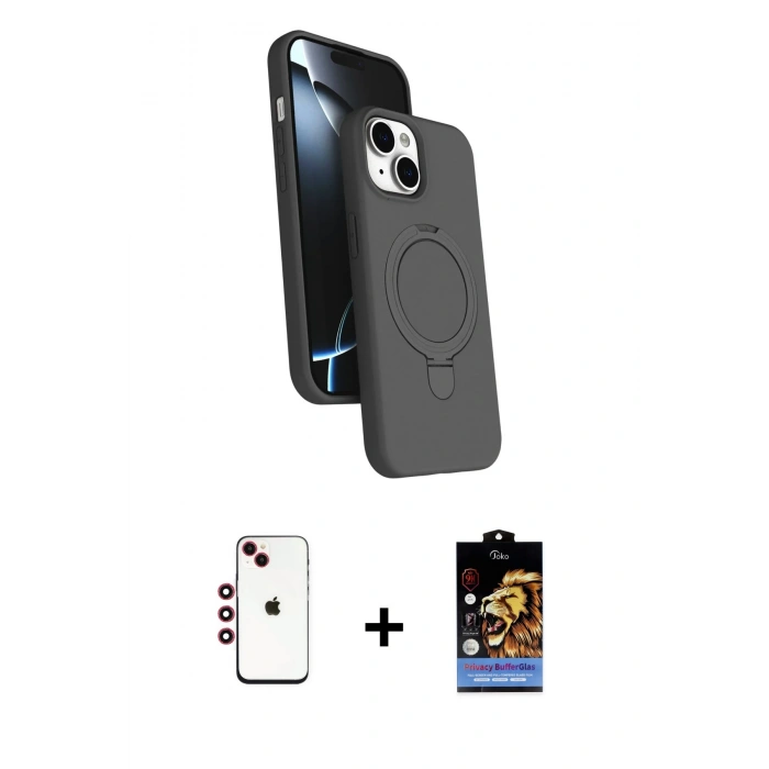 MARSİLYAN™- iPhone 14 Kılıf İz Işık Koleksiyonu - Siyah Buffer Hayalet Cam Ekran Koruyucu + Shine Kamera Lens - KI