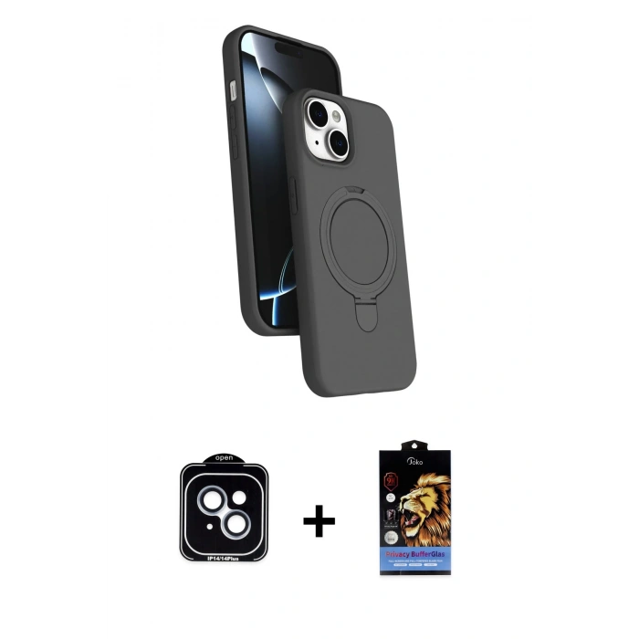 MARSİLYAN™- iPhone 14 Kılıf İz Işık Koleksiyonu - Siyah Buffer Hayalet Cam Ekran Koruyucu + PVD Metal Kamera Lens - MI