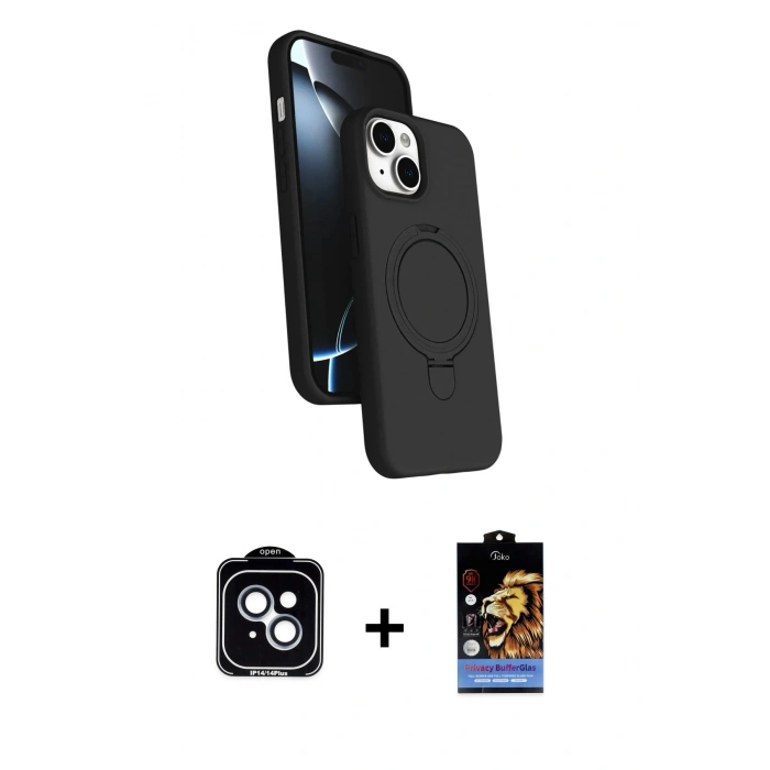 MARSİLYAN™- iPhone 14 Kılıf İz Işık Koleksiyonu - Siyah Buffer Hayalet Cam Ekran Koruyucu + PVD Metal Kamera Lens - MI