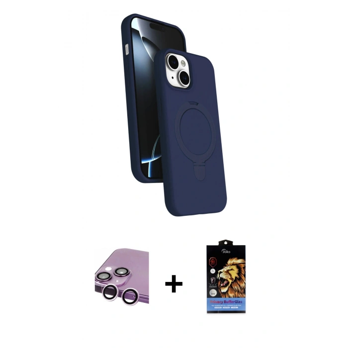 MARSİLYAN™- iPhone 14 Kılıf İz Işık Koleksiyonu - Siyah Buffer Hayalet Cam Ekran Koruyucu + Raze Metal Kamera Lens - MR