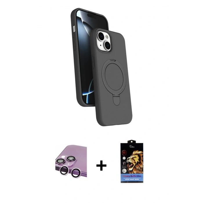 MARSİLYAN™- iPhone 14 Kılıf İz Işık Koleksiyonu - Siyah Buffer Hayalet Cam Ekran Koruyucu + Raze Metal Kamera Lens - MR