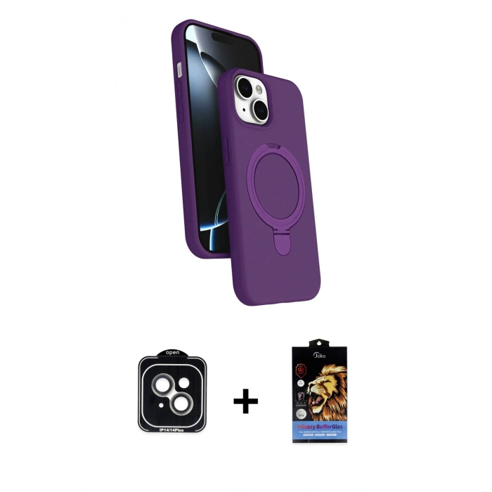 MARSİLYAN™- iPhone 14 Kılıf İz Işık Koleksiyonu - Siyah Buffer Hayalet Cam Ekran Koruyucu + PVD Metal Kamera Lens - YL