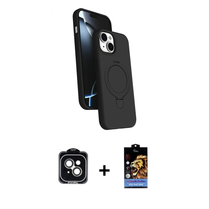 MARSİLYAN™- iPhone 14 Kılıf İz Işık Koleksiyonu - Siyah Buffer Hayalet Cam Ekran Koruyucu + PVD Metal Kamera Lens - YL