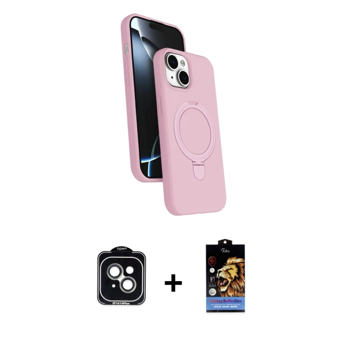 MARSİLYAN™- iPhone 14 Kılıf İz Işık Koleksiyonu - Siyah Buffer Hayalet Cam Ekran Koruyucu + PVD Metal Kamera Lens - YL