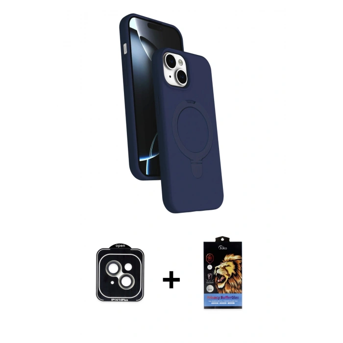 MARSİLYAN™- iPhone 14 Kılıf İz Işık Koleksiyonu - Siyah Buffer Hayalet Cam Ekran Koruyucu + PVD Metal Kamera Lens - YL