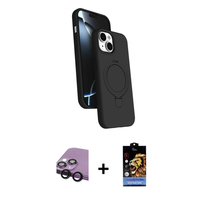 MARSİLYAN™- iPhone 14 Kılıf İz Işık Koleksiyonu - Siyah Buffer Hayalet Cam Ekran Koruyucu + Raze Metal Kamera Lens - SH