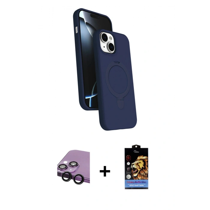 MARSİLYAN™- iPhone 14 Kılıf İz Işık Koleksiyonu - Siyah Buffer Hayalet Cam Ekran Koruyucu + Raze Metal Kamera Lens - SH