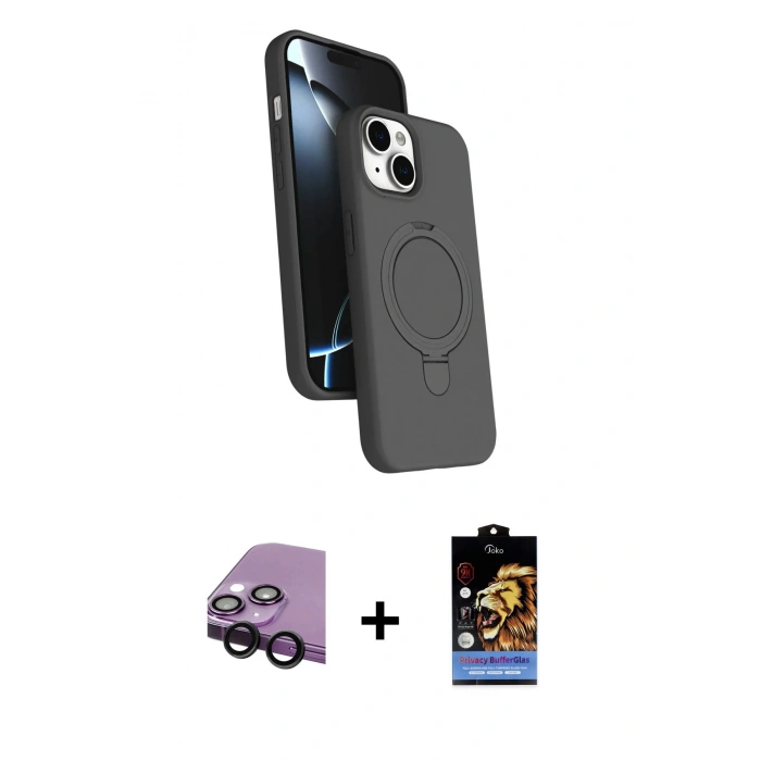 MARSİLYAN™- iPhone 14 Kılıf İz Işık Koleksiyonu - Siyah Buffer Hayalet Cam Ekran Koruyucu + Raze Metal Kamera Lens - SH