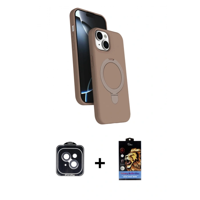 MARSİLYAN™- iPhone 14 Kılıf İz Işık Koleksiyonu - Siyah Buffer Hayalet Cam Ekran Koruyucu + PVD Metal Kamera Lens - SH