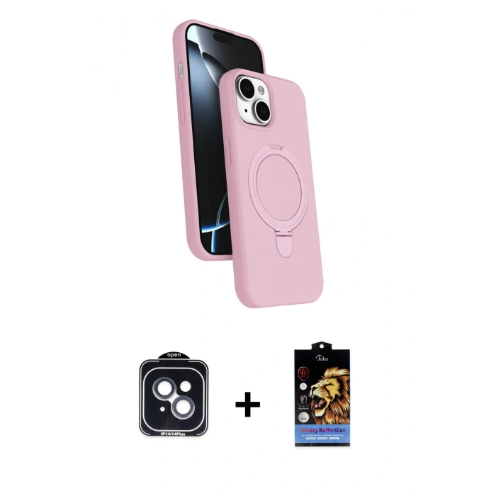 MARSİLYAN™- iPhone 14 Kılıf İz Işık Koleksiyonu - Siyah Buffer Hayalet Cam Ekran Koruyucu + PVD Metal Kamera Lens - SH
