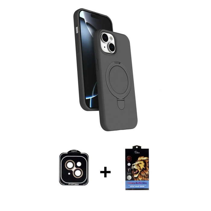 MARSİLYAN™- iPhone 14 Kılıf İz Işık Koleksiyonu - Siyah Buffer Hayalet Cam Ekran Koruyucu + PVD Metal Kamera Lens - TU