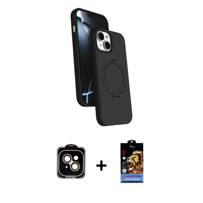 MARSİLYAN™- iPhone 14 Kılıf İz Işık Koleksiyonu - Siyah Buffer Hayalet Cam Ekran Koruyucu + PVD Metal Kamera Lens - TU