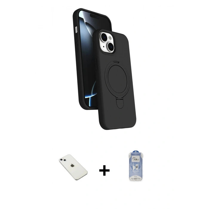 MARSİLYAN™- iPhone 14 Kılıf İz Işık Koleksiyonu - Siyah Joko Magic 5D Cam + Diamond Kamera Lens - SABE
