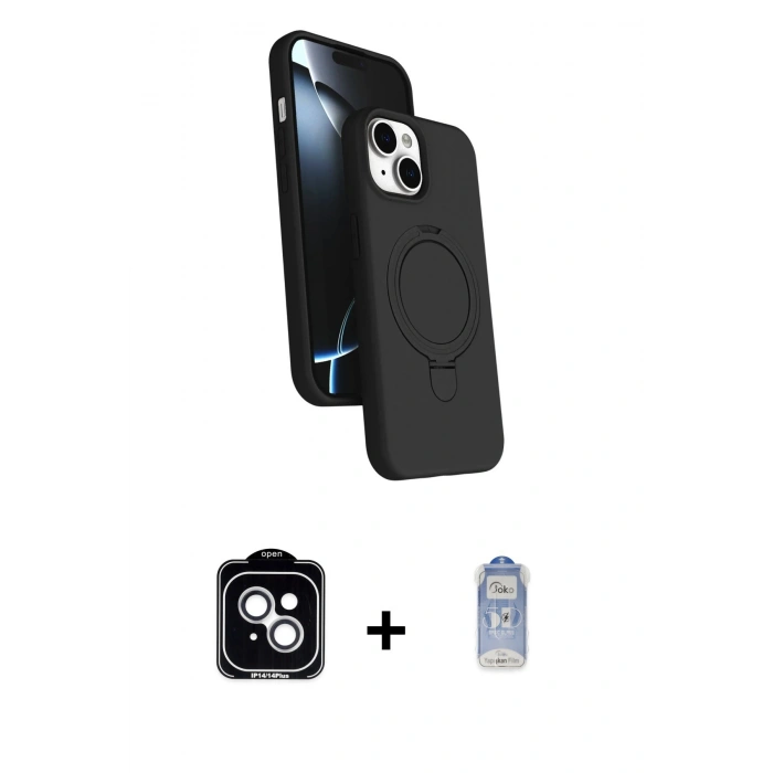 MARSİLYAN™- iPhone 14 Kılıf İz Işık Koleksiyonu - Siyah Joko Magic 5D Cam + PVD Metal Kamera Lens - GS