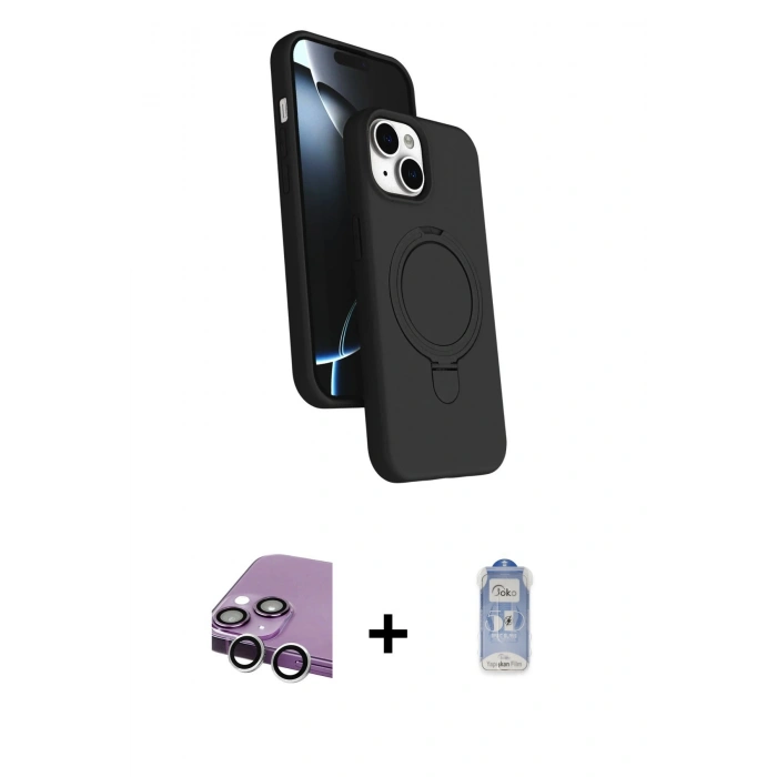 MARSİLYAN™- iPhone 14 Kılıf İz Işık Koleksiyonu - Siyah Joko Magic 5D Cam + Raze Metal Kamera Lens - GS