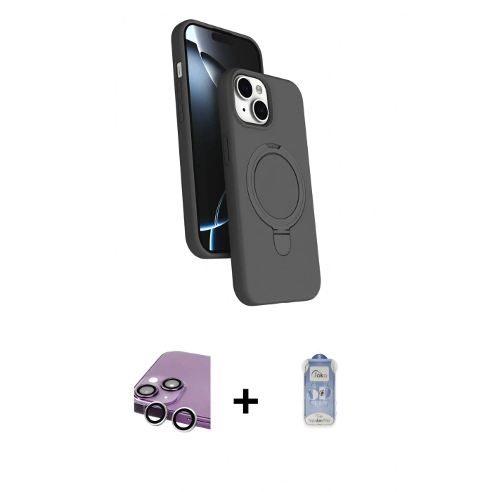 MARSİLYAN™- iPhone 14 Kılıf İz Işık Koleksiyonu - Siyah Joko Magic 5D Cam + Raze Metal Kamera Lens - GS