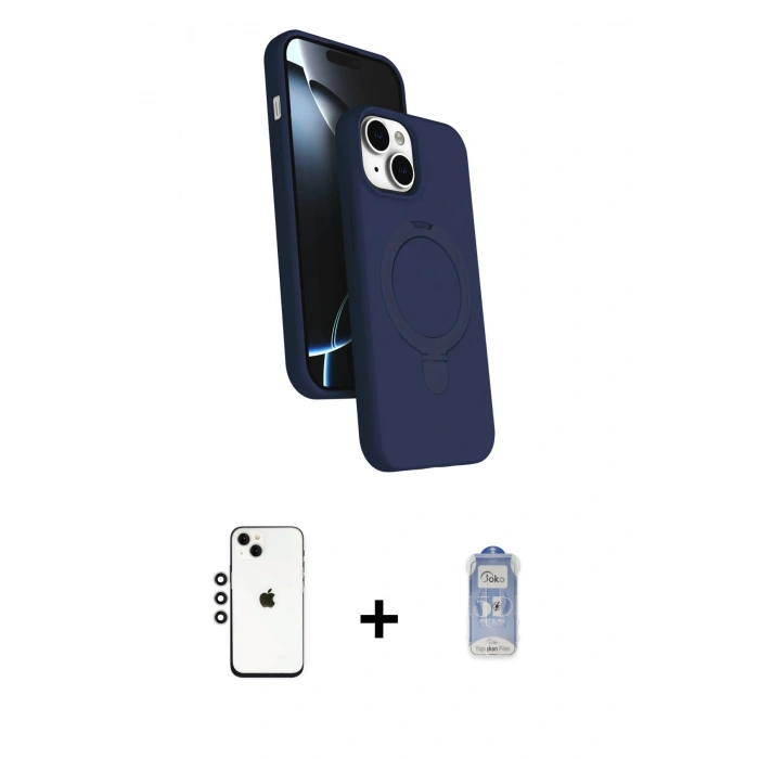 MARSİLYAN™- iPhone 14 Kılıf İz Işık Koleksiyonu - Siyah Joko Magic 5D Cam + Gümüş Shine Kamera Lens