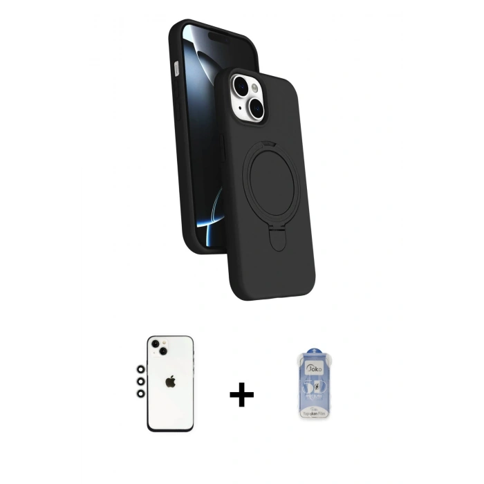 MARSİLYAN™- iPhone 14 Kılıf İz Işık Koleksiyonu - Siyah Joko Magic 5D Cam + Gümüş Shine Kamera Lens