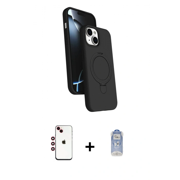 MARSİLYAN™- iPhone 14 Kılıf İz Işık Koleksiyonu - Siyah Joko Magic 5D Cam + Shine Kamera Lens - KI