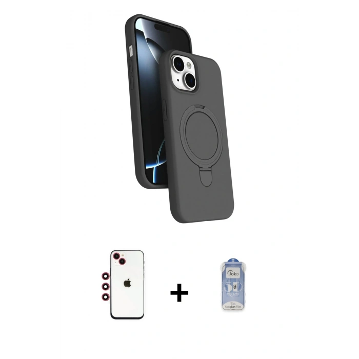 MARSİLYAN™- iPhone 14 Kılıf İz Işık Koleksiyonu - Siyah Joko Magic 5D Cam + Shine Kamera Lens - KI