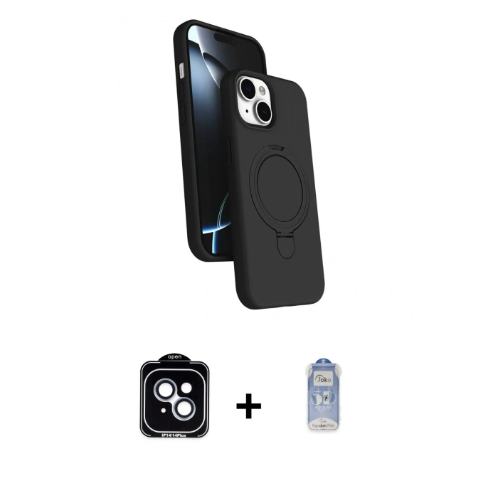 MARSİLYAN™- iPhone 14 Kılıf İz Işık Koleksiyonu - Siyah Joko Magic 5D Cam + PVD Metal Kamera Lens - MI