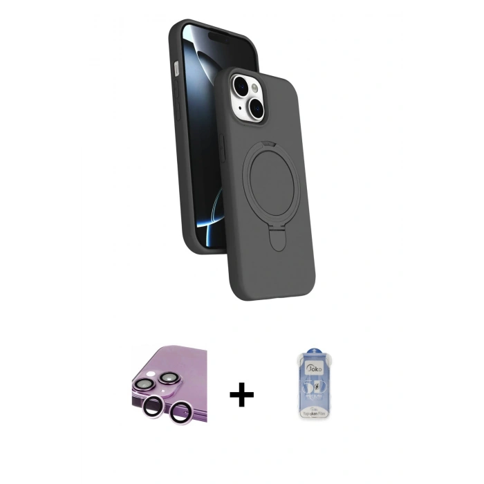 MARSİLYAN™- iPhone 14 Kılıf İz Işık Koleksiyonu - Siyah Joko Magic 5D Cam + Raze Metal Kamera Lens - MR