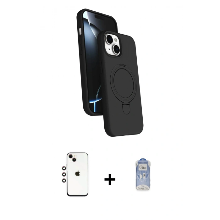 MARSİLYAN™- iPhone 14 Kılıf İz Işık Koleksiyonu - Siyah Joko Magic 5D Cam + Shine Kamera Lens - GI
