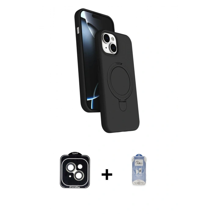 MARSİLYAN™- iPhone 14 Kılıf İz Işık Koleksiyonu - Siyah Joko Magic 5D Cam + PVD Metal Kamera Lens - YL
