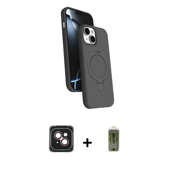 MARSİLYAN™- iPhone 14 Kılıf İz Işık Koleksiyonu - Siyah Joko Magic 5D Hayalet Cam + PVD Metal Kamera Lens - PE