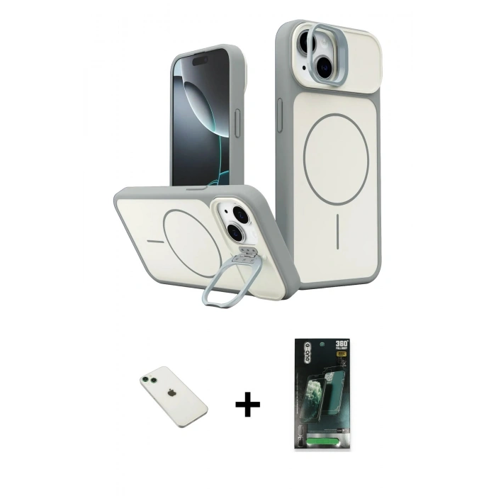 MARSİLYAN™- iPhone 14 Kılıf İz Modern Prime - Şeffaf 360 Full Body Arka Koruyucu + Diamond Kamera Lens - YL