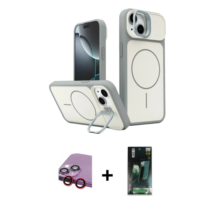 MARSİLYAN™- iPhone 14 Kılıf İz Modern Prime - Şeffaf 360 Full Body Arka Koruyucu + Raze Metal Kamera Lens - KI