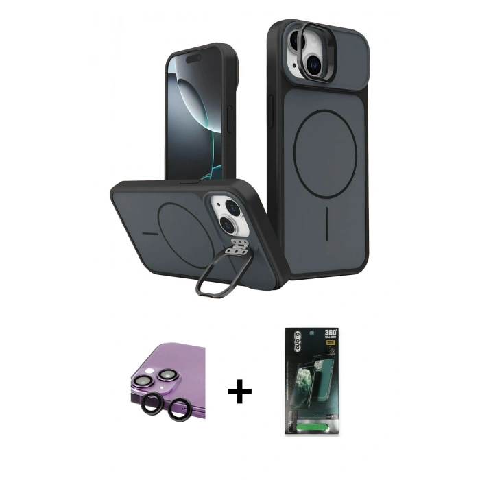 MARSİLYAN™- iPhone 14 Kılıf İz Modern Prime - Şeffaf 360 Full Body Arka Koruyucu + Raze Metal Kamera Lens - SH