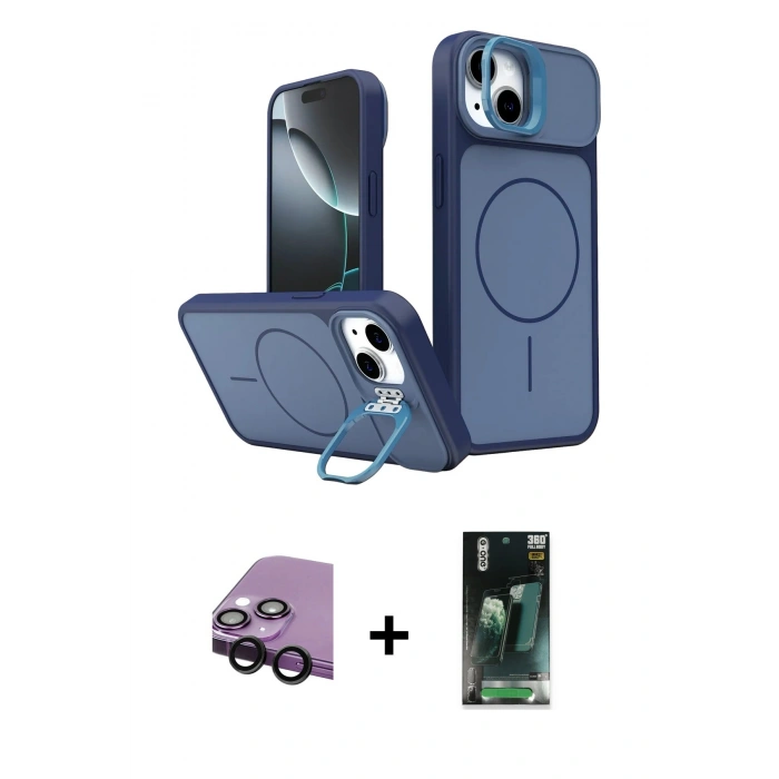 MARSİLYAN™- iPhone 14 Kılıf İz Modern Prime - Şeffaf 360 Full Body Arka Koruyucu + Raze Metal Kamera Lens - SH