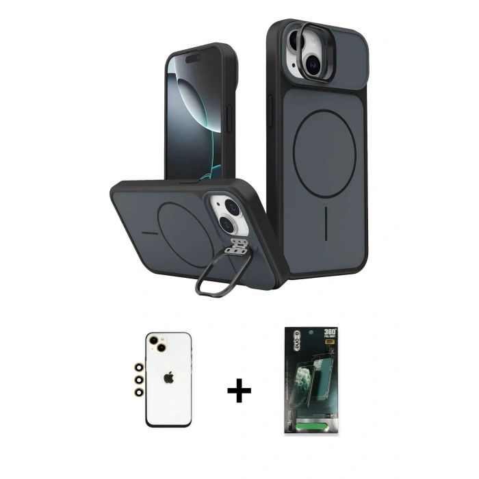 MARSİLYAN™- iPhone 14 Kılıf İz Modern Prime - Şeffaf 360 Full Body Arka Koruyucu + Shine Kamera Lens - GD