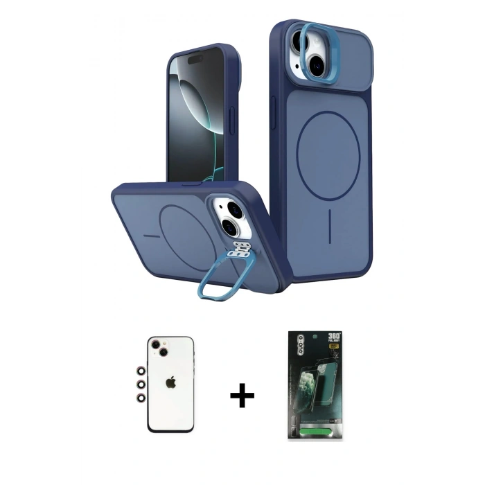 MARSİLYAN™- iPhone 14 Kılıf İz Modern Prime - Şeffaf 360 Full Body Arka Koruyucu + Shine Kamera Lens - GI