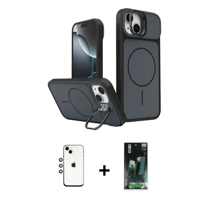 MARSİLYAN™- iPhone 14 Kılıf İz Modern Prime - Şeffaf 360 Full Body Arka Koruyucu + Shine Kamera Lens - GI
