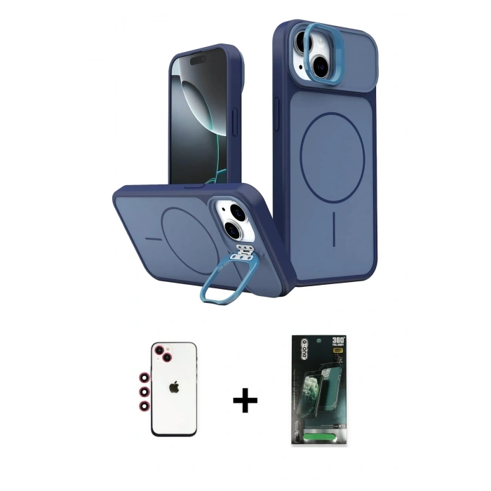 MARSİLYAN™- iPhone 14 Kılıf İz Modern Prime - Şeffaf 360 Full Body Arka Koruyucu + Shine Kamera Lens - KI