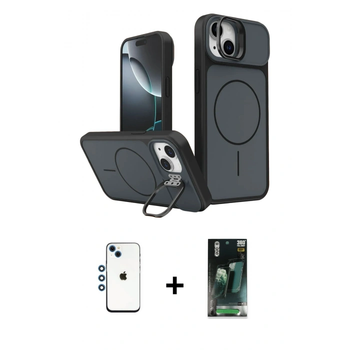 MARSİLYAN™- iPhone 14 Kılıf İz Modern Prime - Şeffaf 360 Full Body Arka Koruyucu + Shine Kamera Lens - MI
