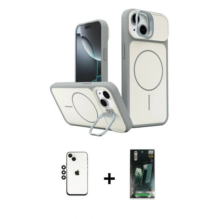 MARSİLYAN™- iPhone 14 Kılıf İz Modern Prime - Şeffaf 360 Full Body Arka Koruyucu + Shine Kamera Lens - SH