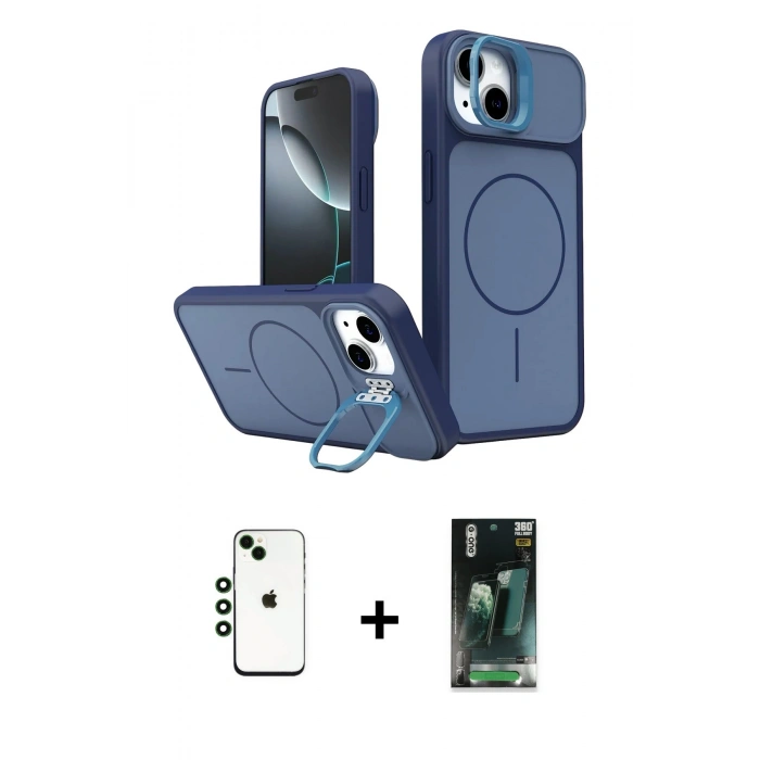 MARSİLYAN™- iPhone 14 Kılıf İz Modern Prime - Şeffaf 360 Full Body Arka Koruyucu + Shine Kamera Lens - YL