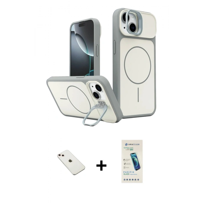 MARSİLYAN™- iPhone 14 Kılıf İz Modern Prime - Şeffaf Pasifik Cam Ekran Koruyucu + Diamond Kamera Lens - PE